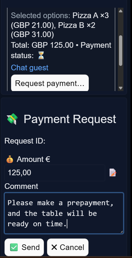 Restaurant receives the order and sends a prepayment request